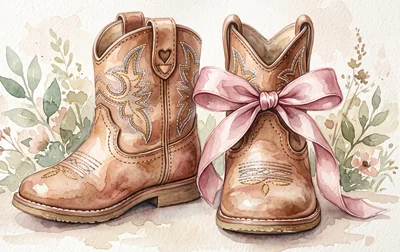 Watercolor cowgirl boots tied with a pink ribbon