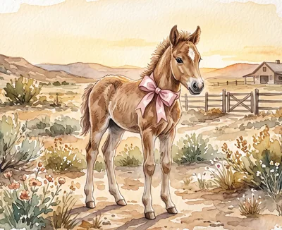 Watercolor foal with a pink bow
