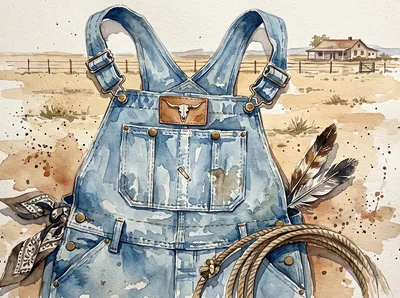 Watercolor denim overalls with a bandana and lasso