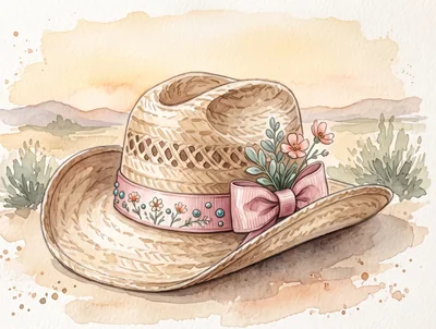 Watercolor straw cowgirl hat with a pink floral band
